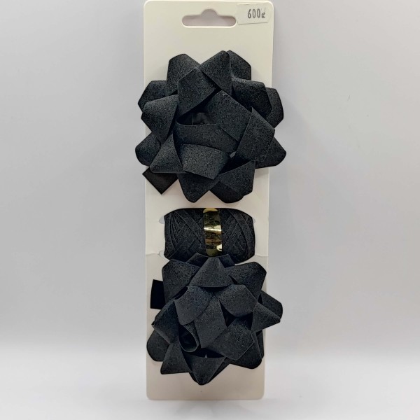 Masni csomag - Előrekötött fekete 2db 9x9cm-es masni + 1 tekercs fekete szalag 5mm x 10m 