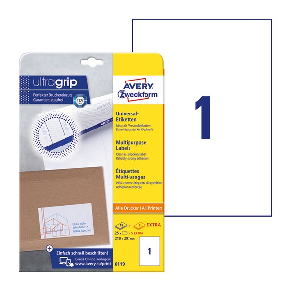 Etikett AVERY 6119 210x297mm univerzális  25 címke/doboz 25 ív/doboz