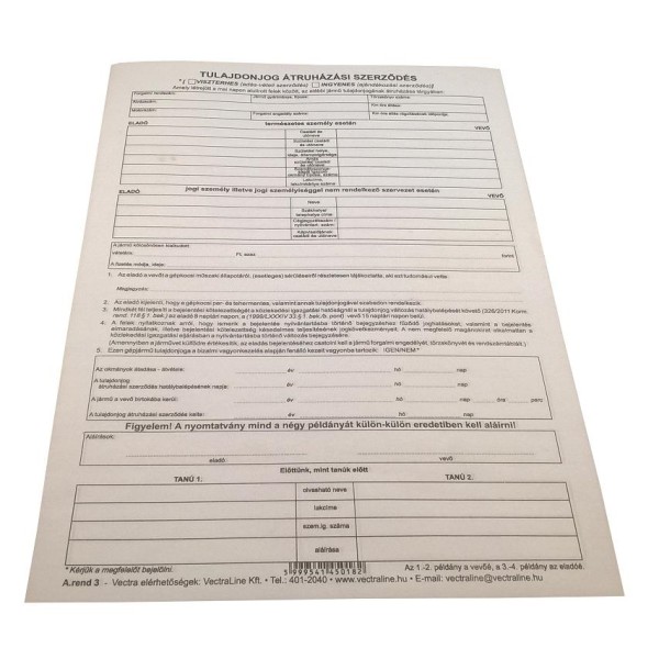 Nyomtatvány Adásvételi szerződés személygépkocsihoz A/4 1lap 4 példányos AREND3/2012/UJ Nyomtatvány Adásvételi szerződés személygépkocsihoz A/4 1lap 4 példányos AREND3/2012/UJ