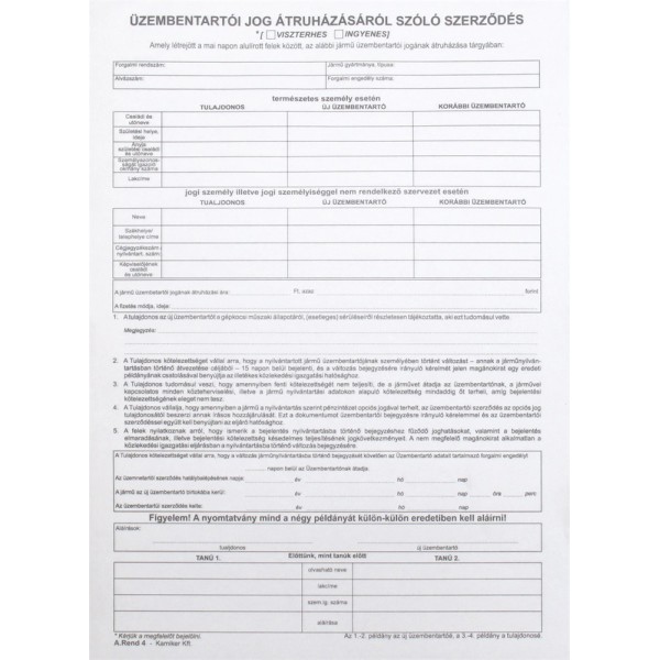 Nyomtatvány Üzembentartói szerződés A/4 4pld AREND4/2010