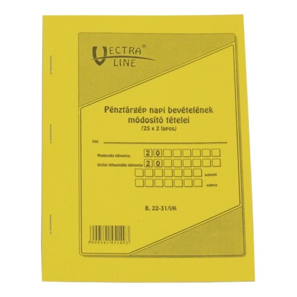 Nyomtatvány Pénztárgép napi bevételeinek módosító tételei VECTRA-LINE A/5 25x2 lapos B22-31