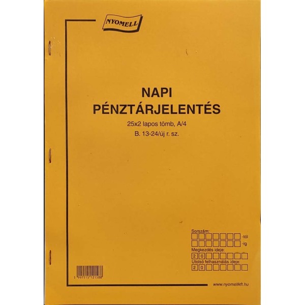 Nyomtatvány Napi pénztárjelentés A/4 álló 25x2 lapos B.13-24/új r.sz.