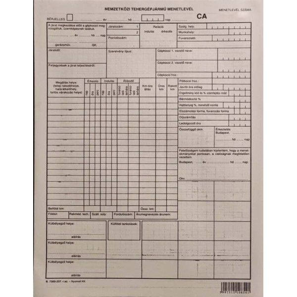 Nyomtatvány Nemzetközi tehergépjármű menetlevél B.7300-237.r.sz.