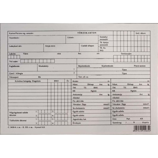 Nyomtatvány Törzskarton A/5 fekvő 2 oldalas 1 lap