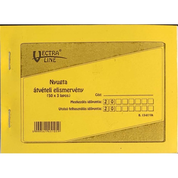 Nyomtatvány Nyugta átvételi elismervény VECTRA LINE A/6 50x3 lapos tömb B.13-67/Vk