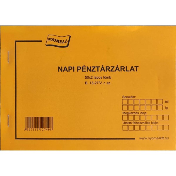 Nyomtatvány Napi pénztárzárlat NYOMELL A/5 fekvő 50x2 lapos B. 13-27/V