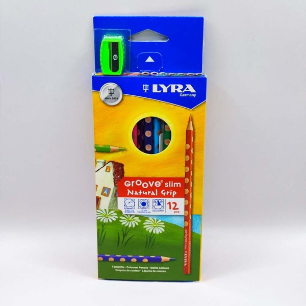 Színes ceruza LYRA Groove Slim háromszögletű vékony 12 db/készlet+hegyező